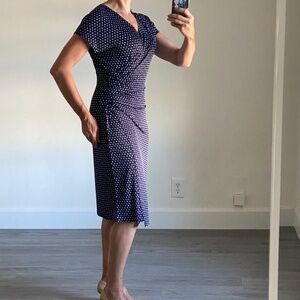 Elegant Navy Blue Polka Dot Wrap-stile Dress Sz 10 NWT